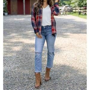 NEW GRACE AND LACE reversible plaid shirt in red / navy